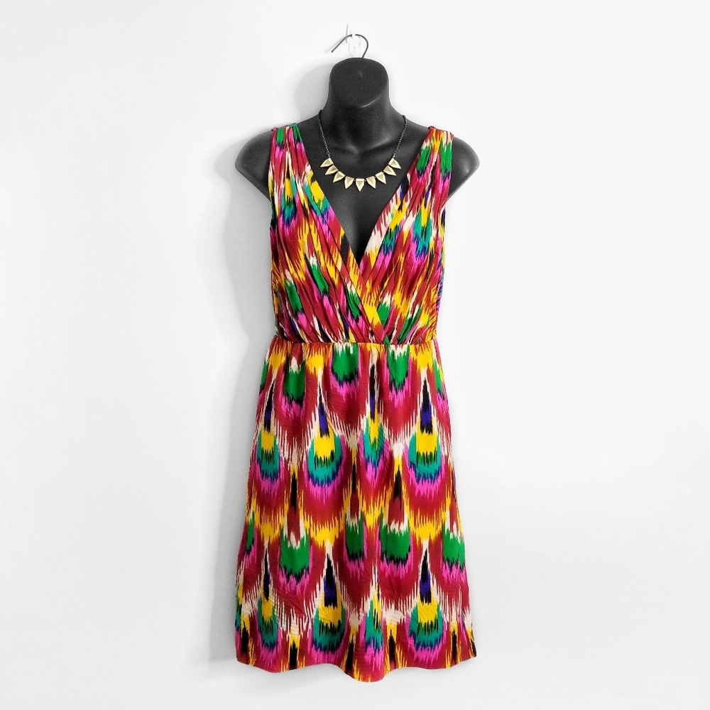 ALICE + OLIVIA Colorful Peacock Surplice Dress